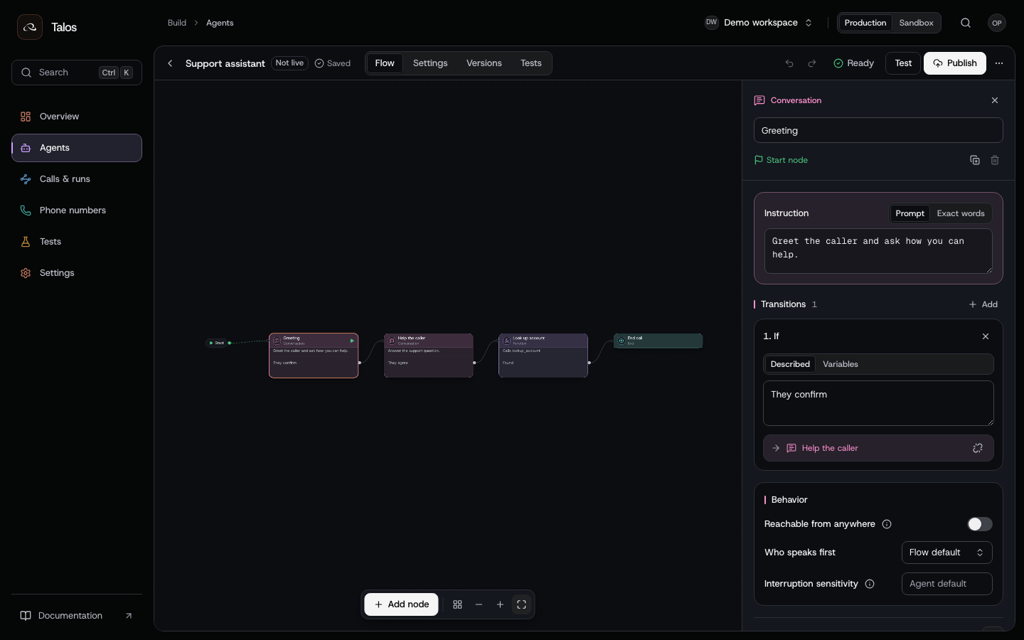Talos agent editor showing a demo support flow with greeting, help and end nodes