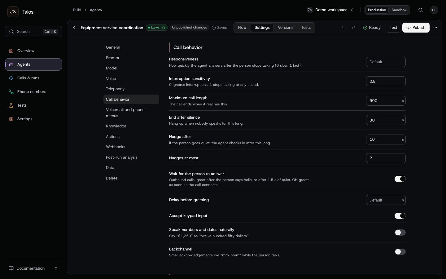 Call behavior settings for answer timing, interruption, silence, reminders and maximum duration