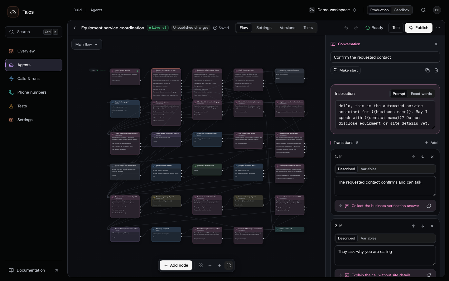 The contact node with distinct transitions for confirmation, questions, a wrong contact, a callback, language and dispatch
