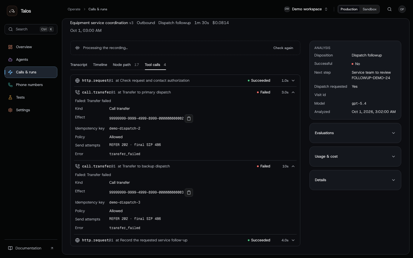 Run effects with two failed transfer receipts and a separate follow-up HTTP effect