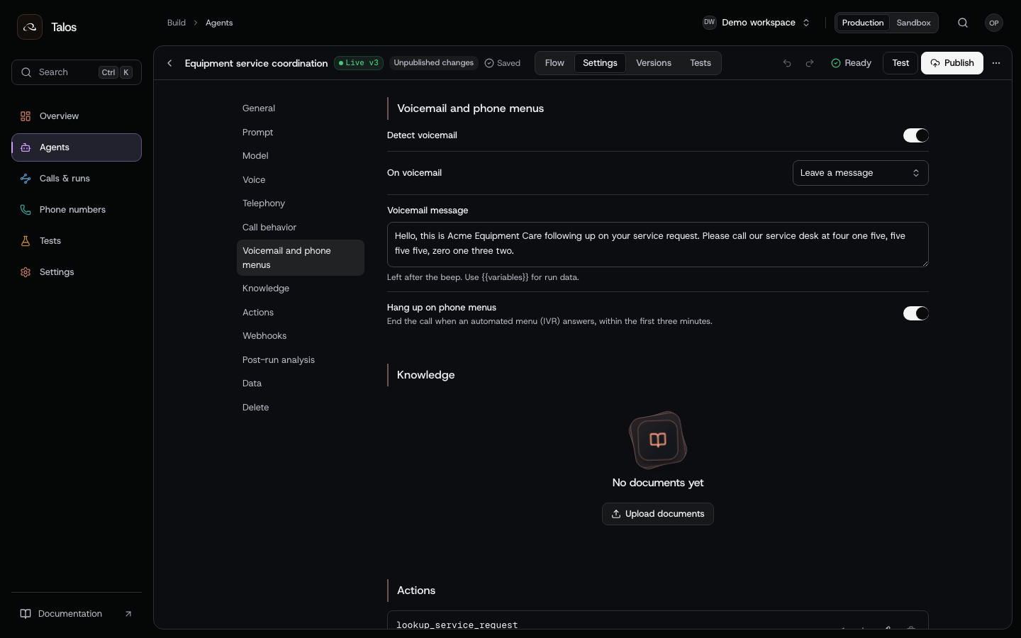 Studio's voicemail message and phone-menu hang-up policy for the equipment-service example