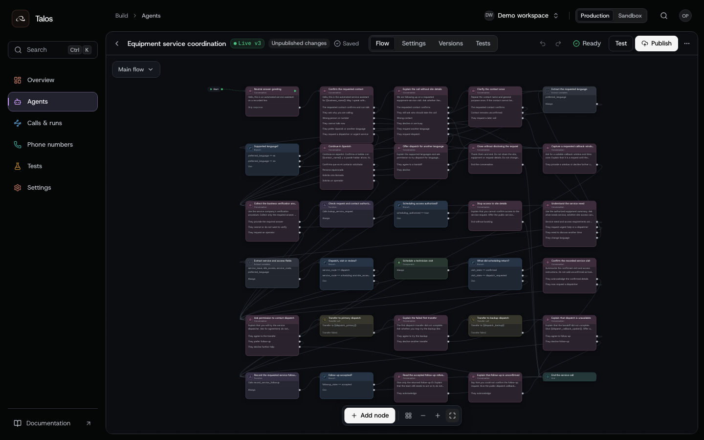 The equipment-service agent's full main canvas, including contact, language, authorization, booking, dispatch and follow-up routes