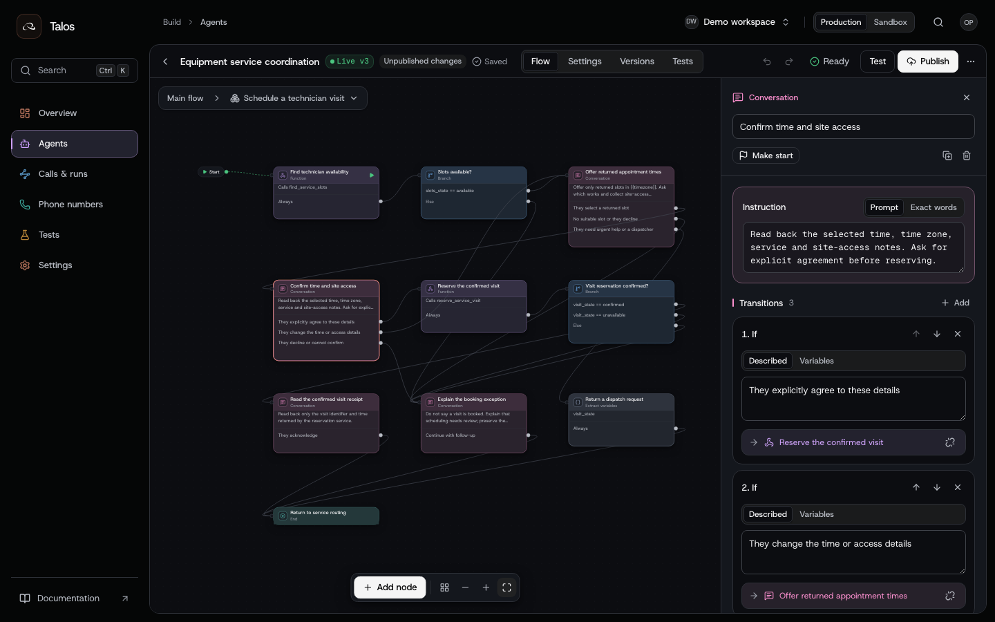 The booking component's explicit-confirmation node, with separate routes for agreement, changes and declining