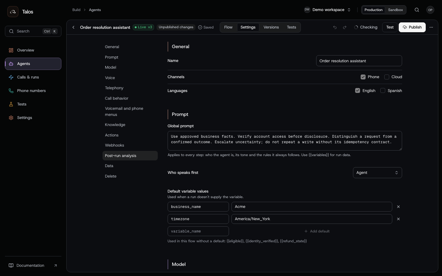 Configured post-run analysis fields for request type, resolution and the next step